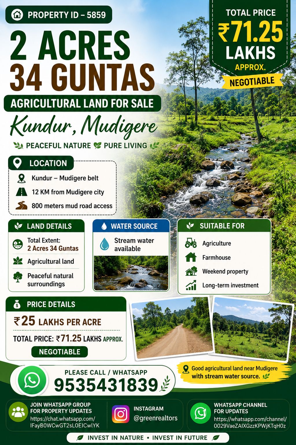🆔 *PROPERTY ID –5859* 🌿 *2 Acres 34 Guntas Agricultural Land for Sale – Kundur, Mudigere
